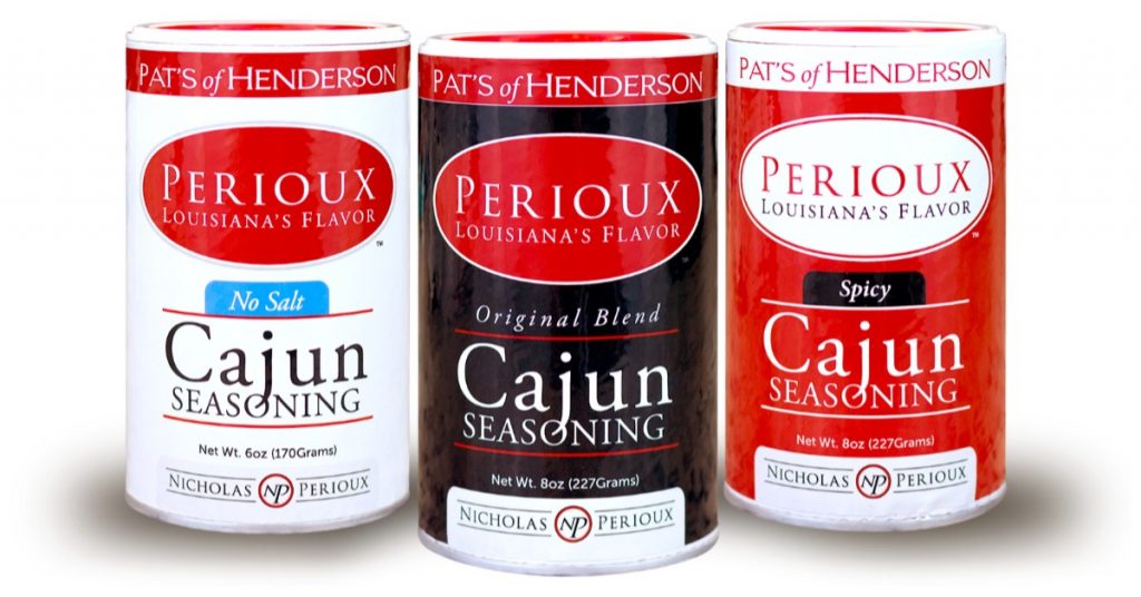 Three containers of Perioux Cajun seasoning from Pat's of Henderson